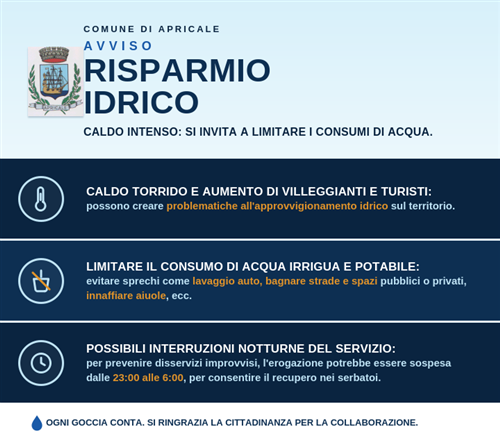 Caldo intenso: invito a limitare il consumo di acqua per evitare criticità nell'approvvigionamento idrico
